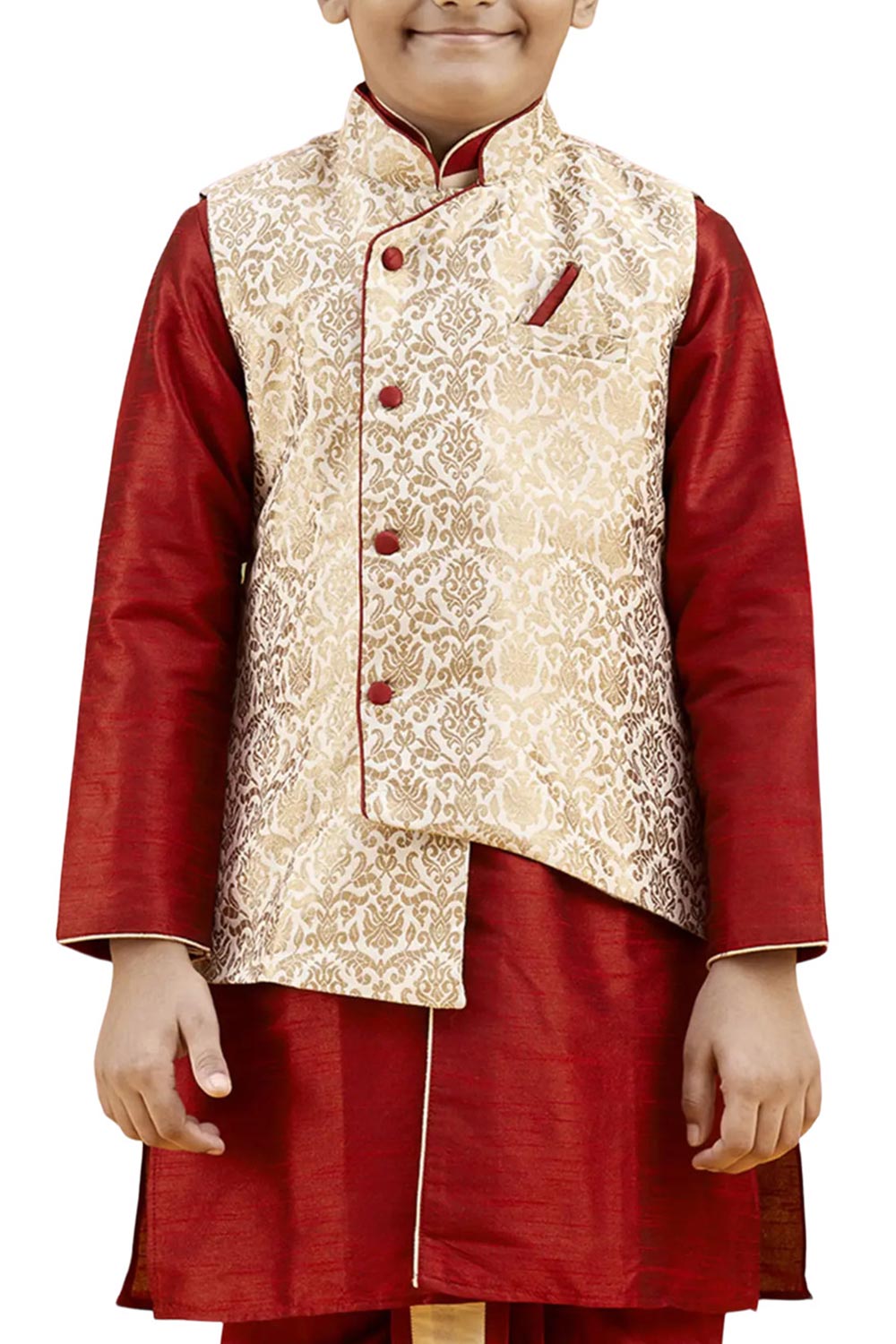 Boys Maroon Silk Woven Design Kurta Pyjama Jacket Set