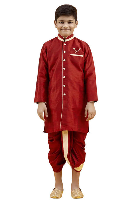 Boys Maroon Silk Woven Design Kurta Pyjama Jacket Set