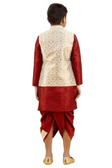 Boys Maroon Silk Woven Design Kurta Pyjama Jacket Set