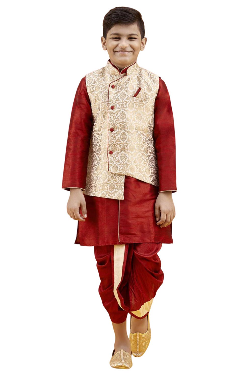 Boys Maroon Silk Woven Design Kurta Pyjama Jacket Set