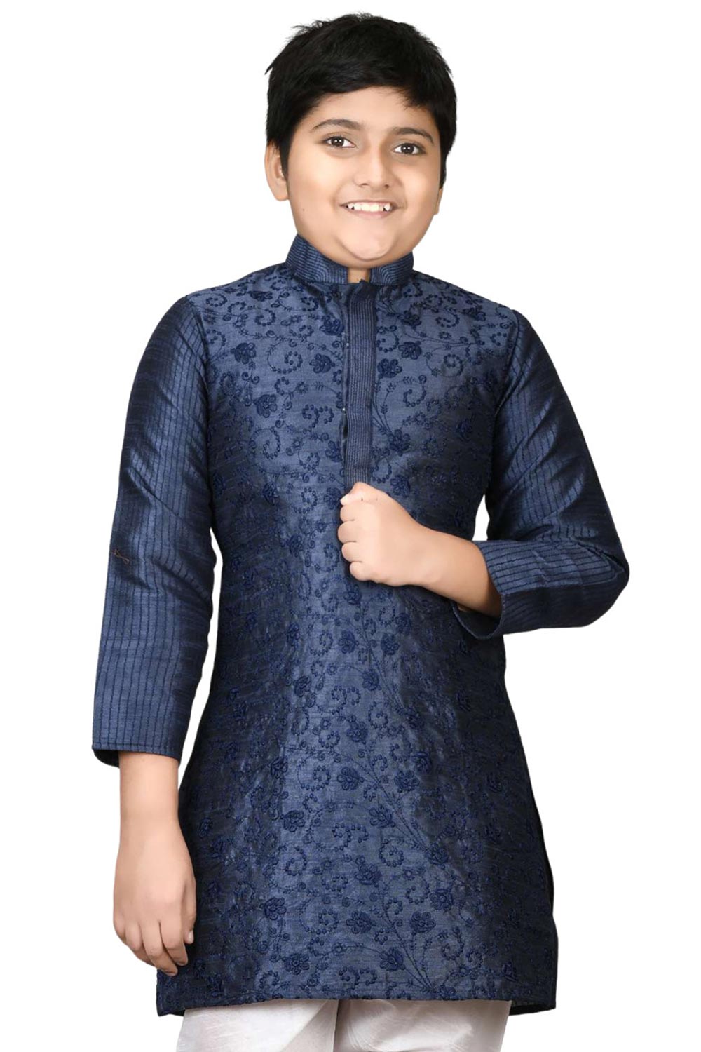 Boys Navy Blue Silk Resham Thread Embroidered Kurta Pyjama Set