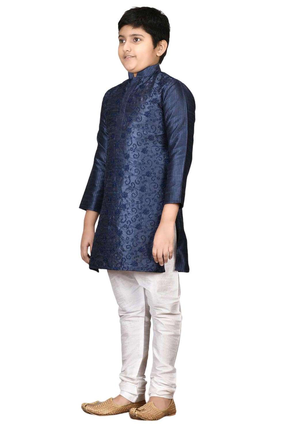 Boys Navy Blue Silk Resham Thread Embroidered Kurta Pajama Set