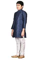 Boys Navy Blue Silk Resham Thread Embroidered Kurta Pajama Set