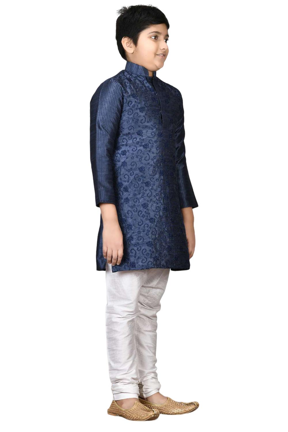 Boys Navy Blue Silk Resham Thread Embroidered Kurta Pajama Set