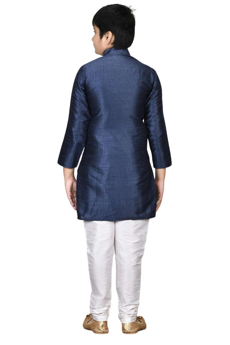 Boys Navy Blue Silk Resham Thread Embroidered Kurta Pyjama Set