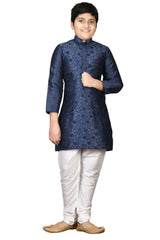 Boys Navy Blue Silk Resham Thread Embroidered Kurta Pajama Set