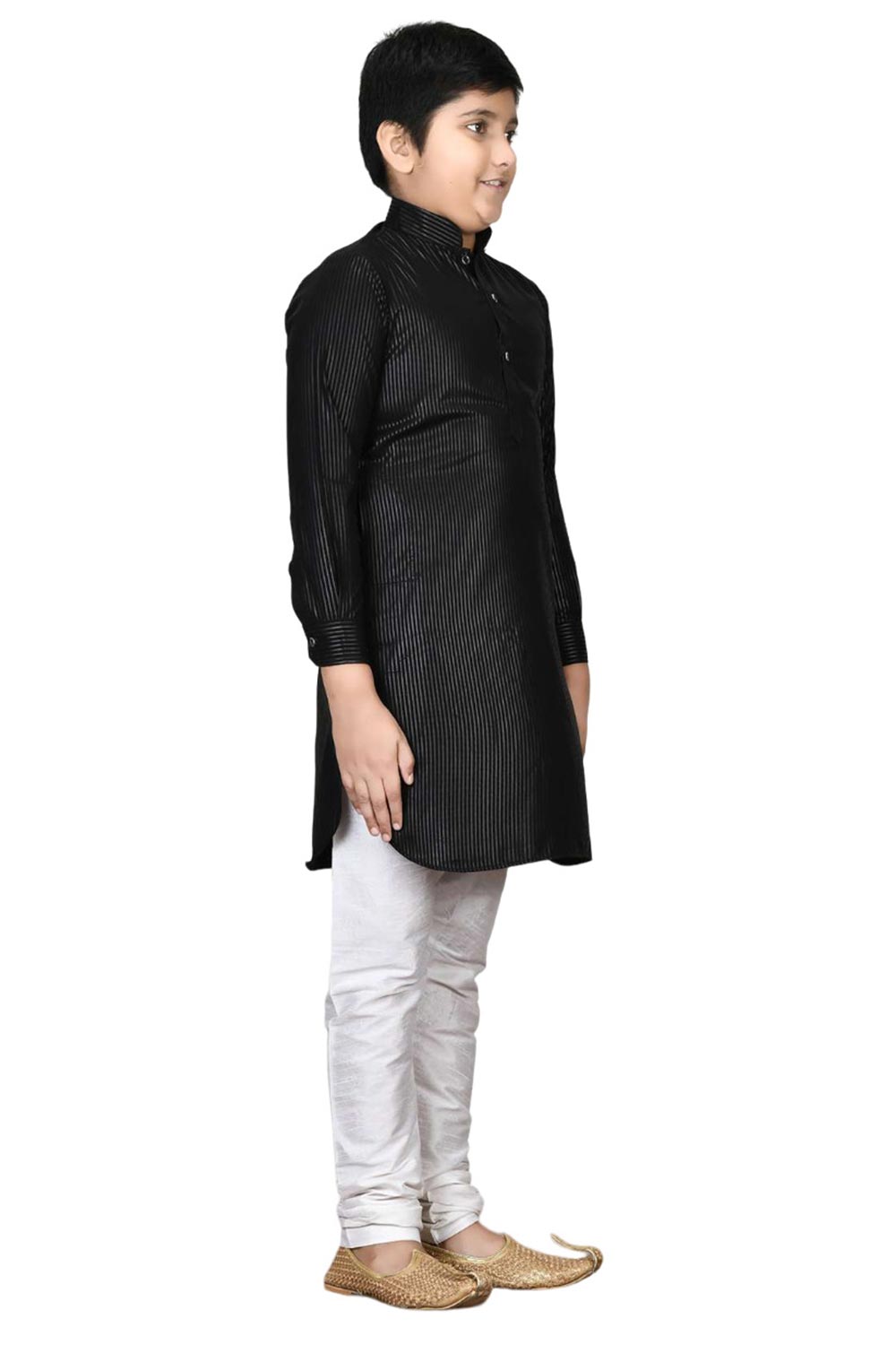 Boys Black Silk Stripe Zari Work Kurta Pajama Set