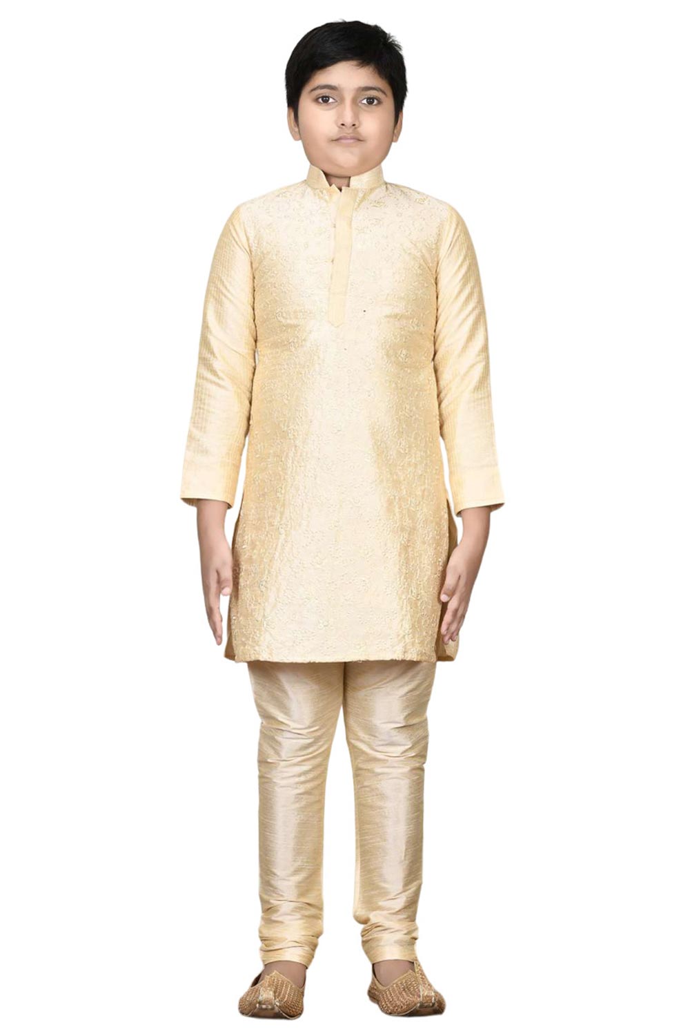 Boys Off White Silk Resham Thread Embroidered Kurta Pyjama Set