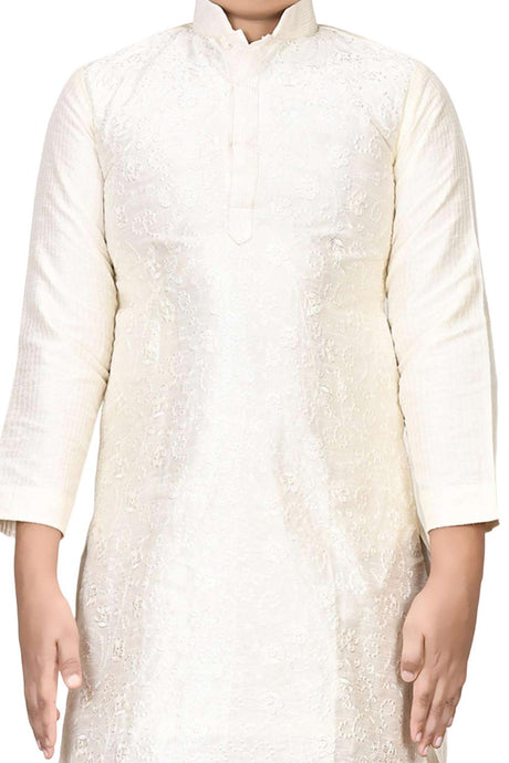 Boys Off White Silk Resham Thread Embroidered Kurta Pyjama Set