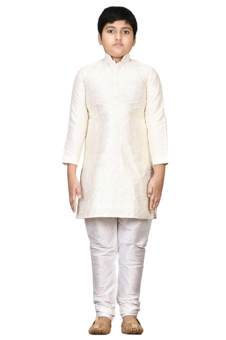 Boys Off White Silk Resham Thread Embroidered Kurta Pyjama Set