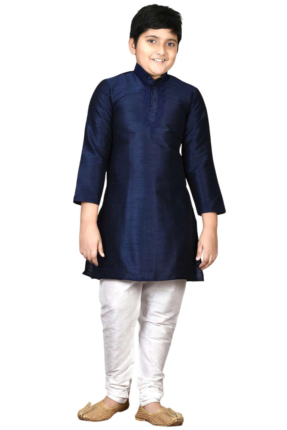 Boys Navy Blue Silk Neck Embroidered Kurta Pyjama Set