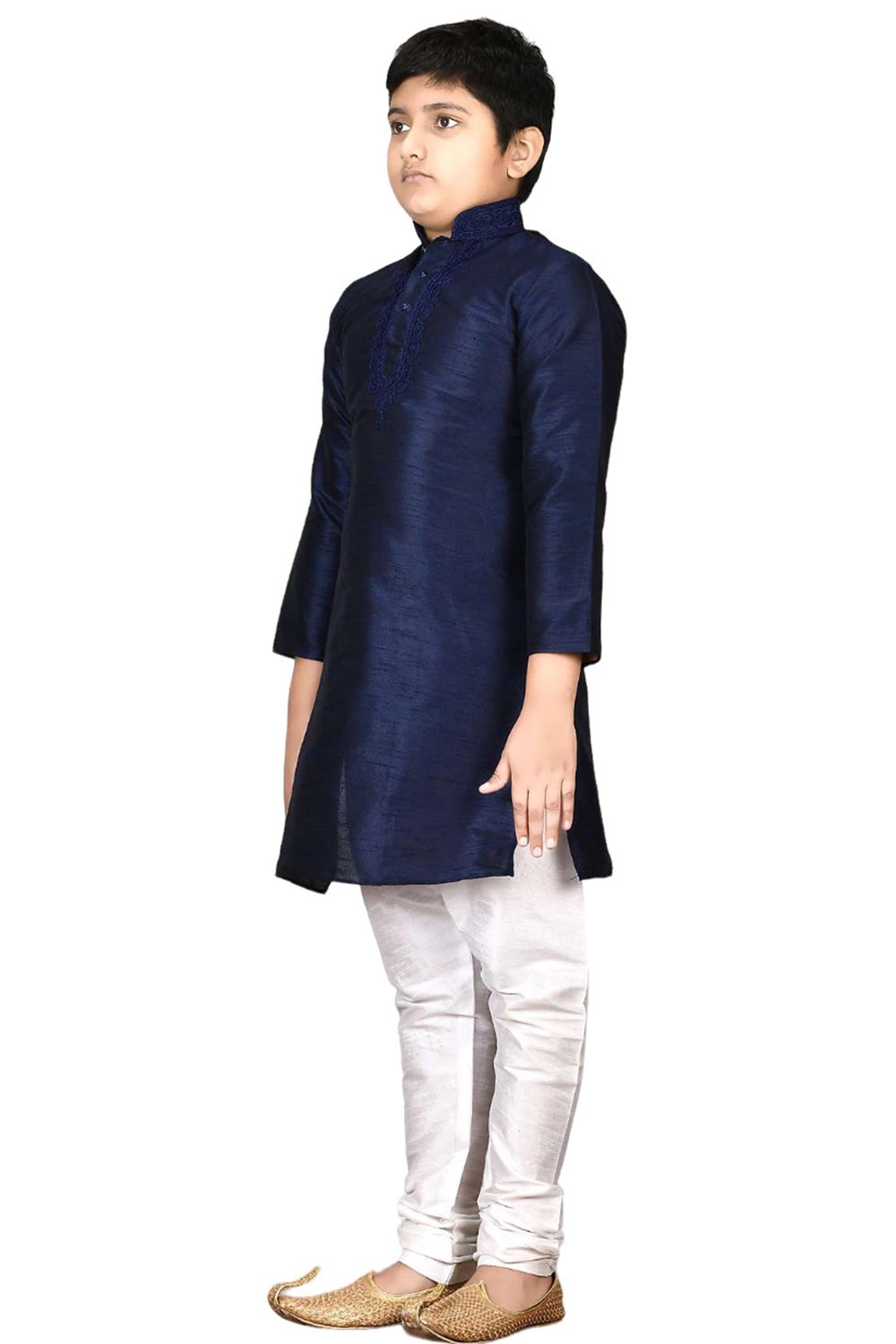 Boys Navy Blue Silk Neck Embroidered Kurta Pyjama Set