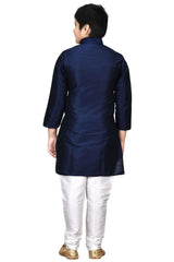 Boys Navy Blue Silk Neck Embroidered Kurta Pajama Set