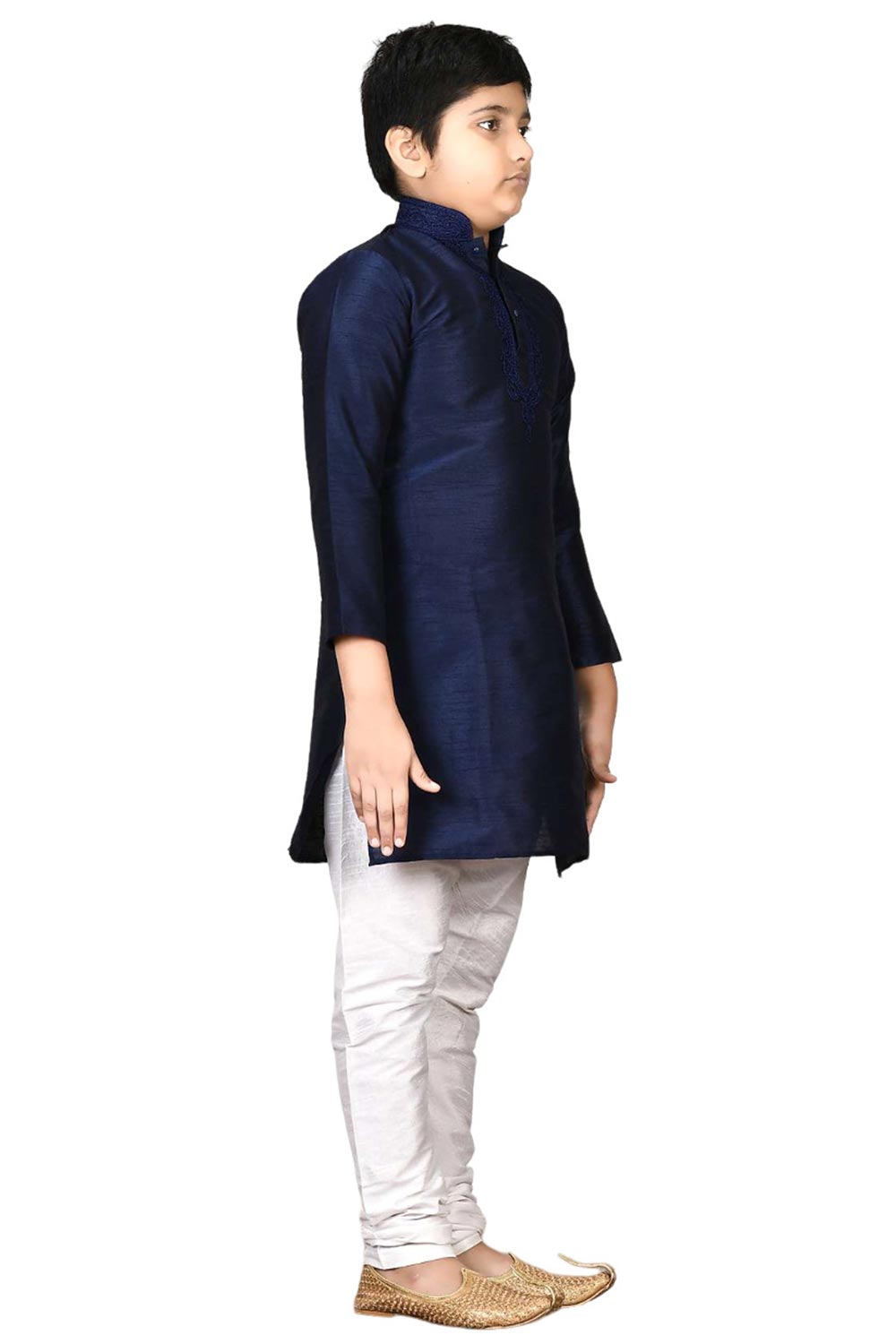 Boys Navy Blue Silk Neck Embroidered Kurta Pajama Set