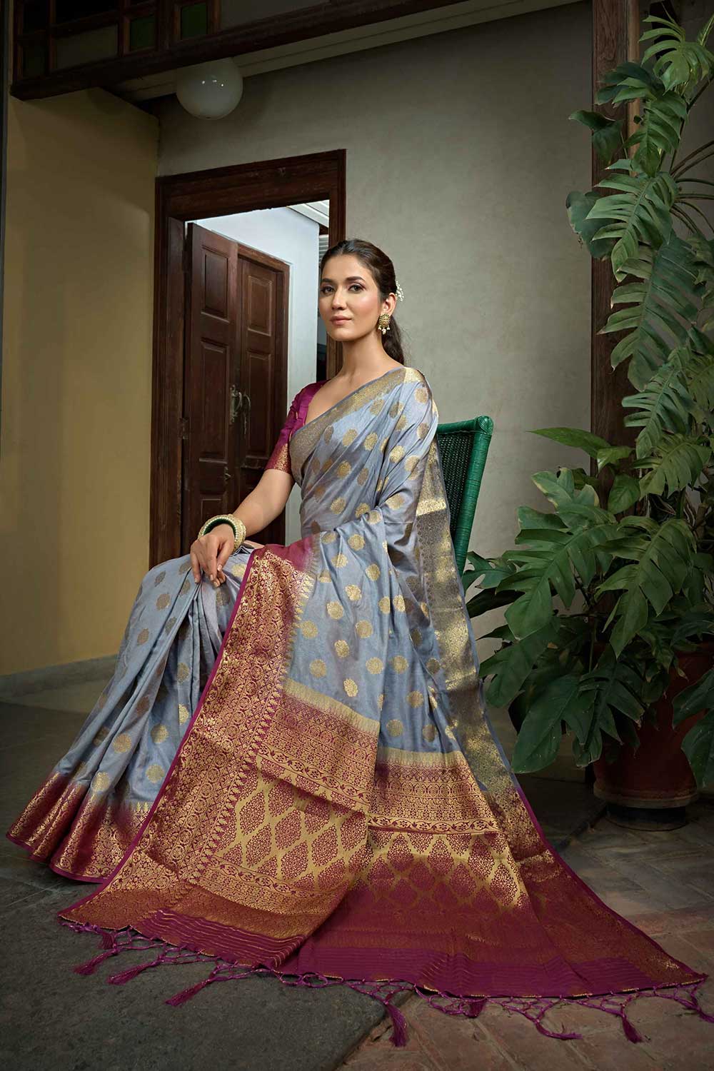 Grey Art Silk Zari Saree