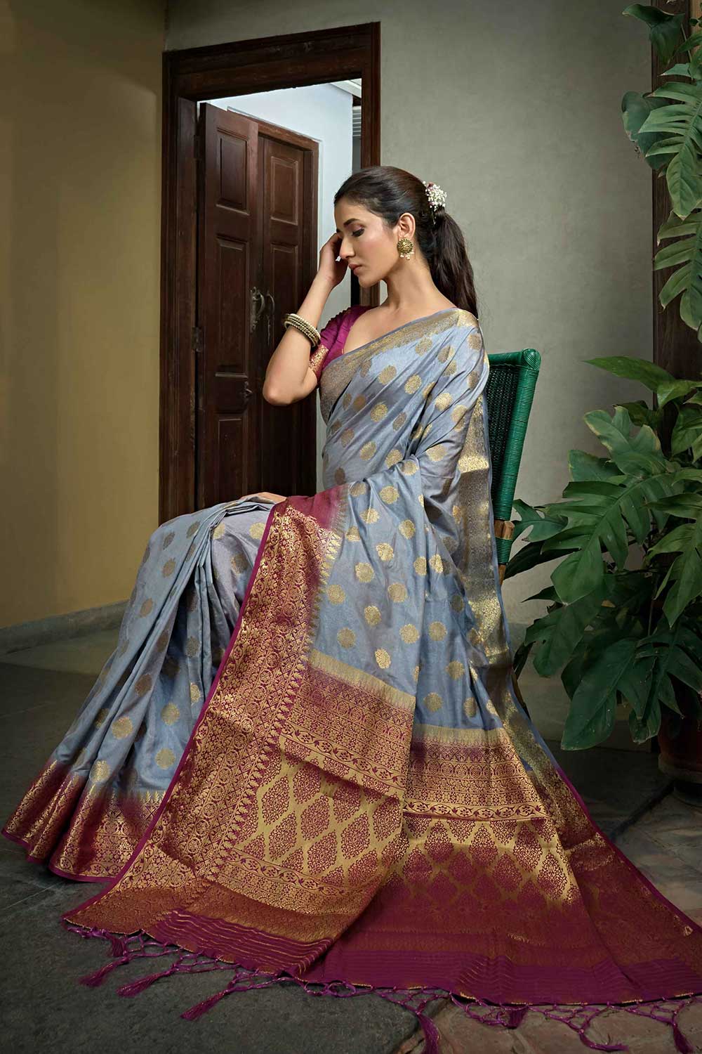 Grey Art Silk Zari Saree