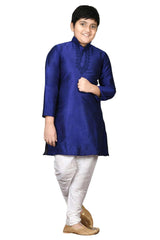 Boys Navy Blue Silk Neck Embroidered Kurta Pyjama Set