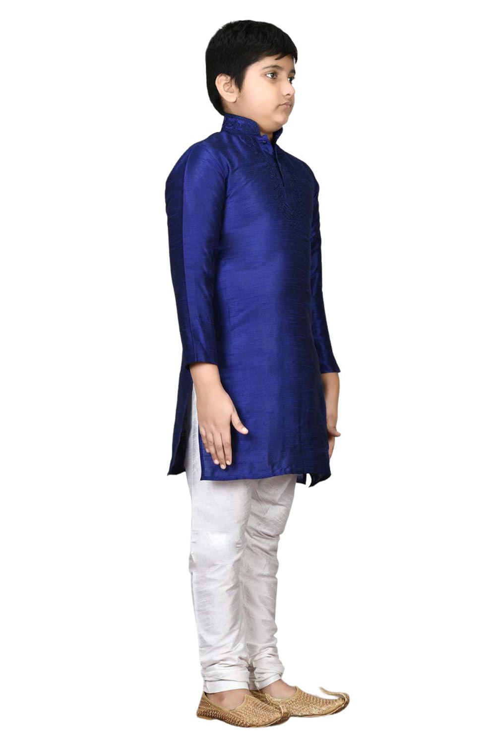 Boys Navy Blue Silk Neck Embroidered Kurta Pyjama Set