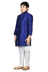 Boys Navy Blue Silk Neck Embroidered Kurta Pajama Set