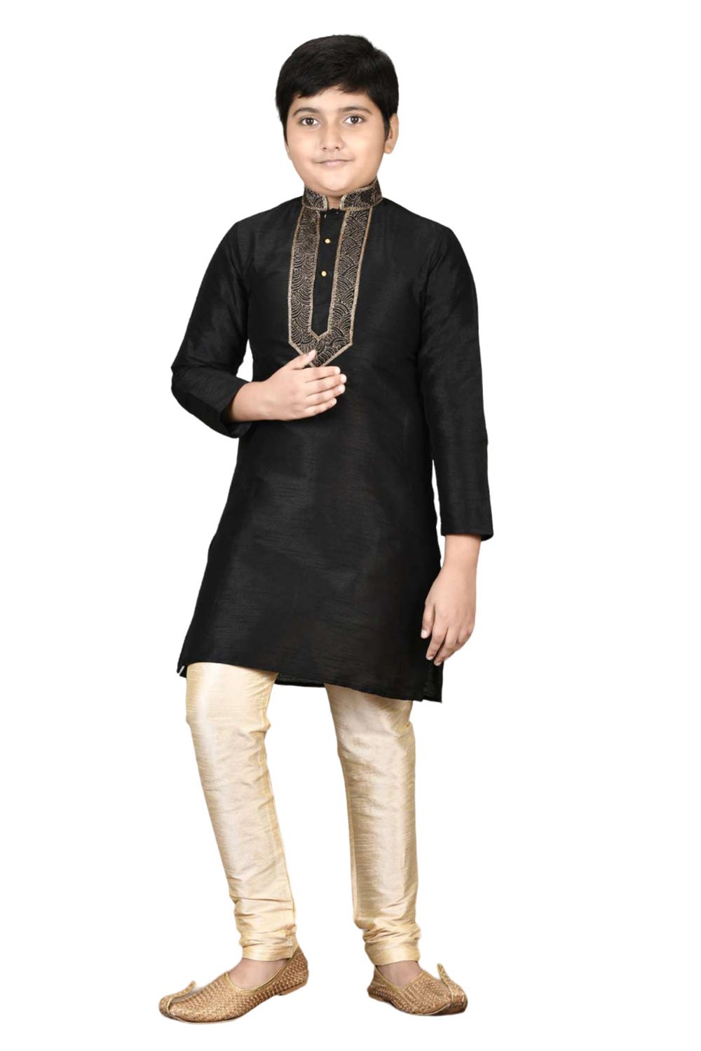 Boys Black Silk Neck Embroidered Kurta Pajama Set