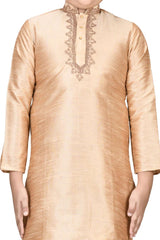 Boys Gold Silk Neck Embroidered Kurta Pyjama Set