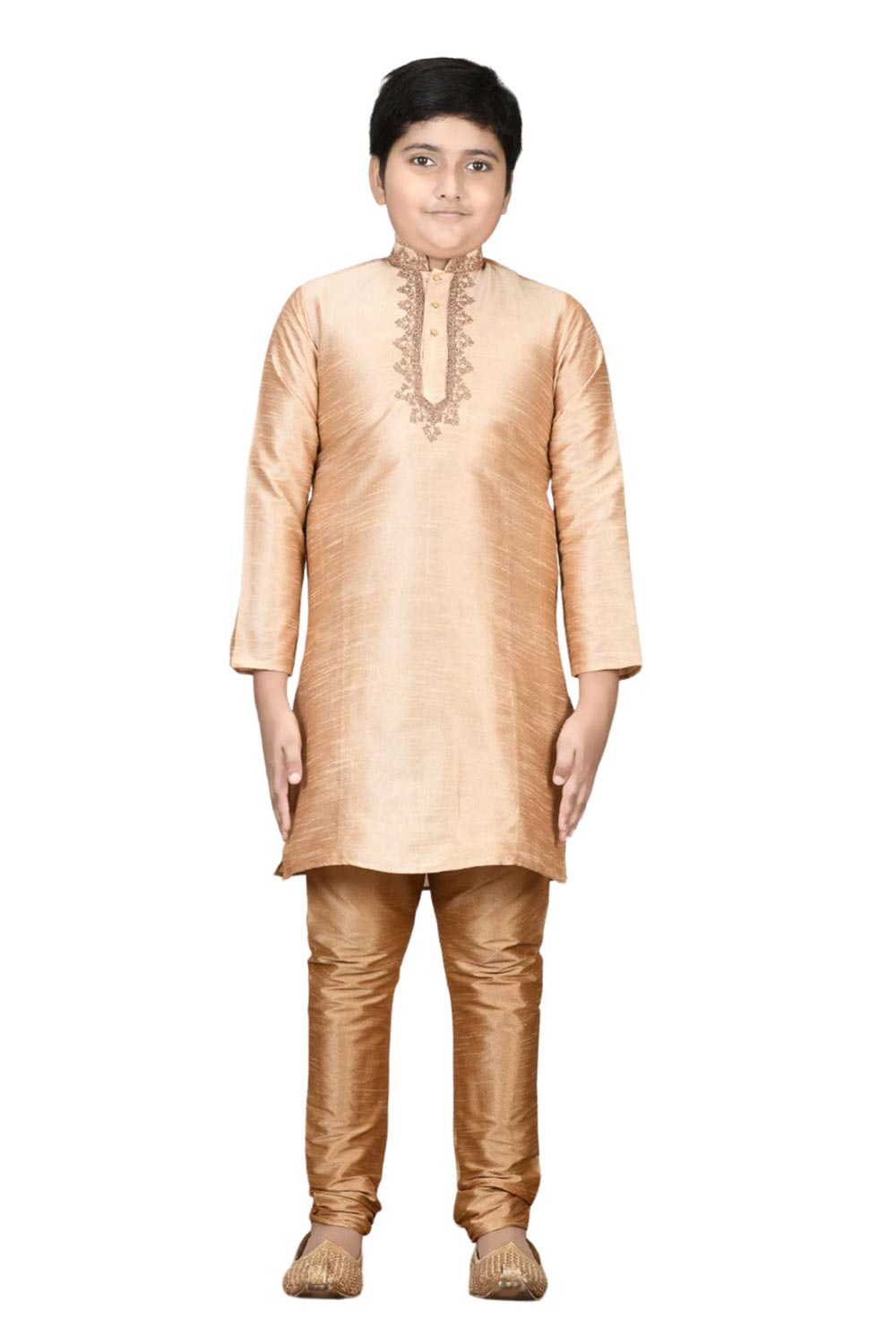 Boys Gold Silk Neck Embroidered Kurta Pyjama Set