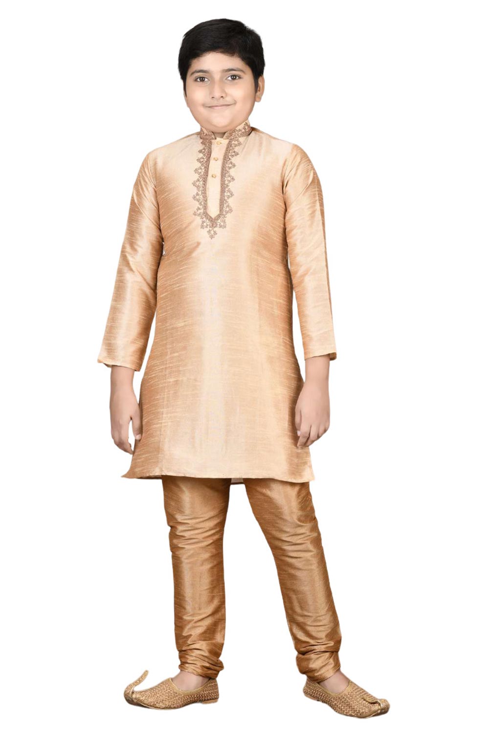 Boys Gold Silk Neck Embroidered Kurta Pajama Set