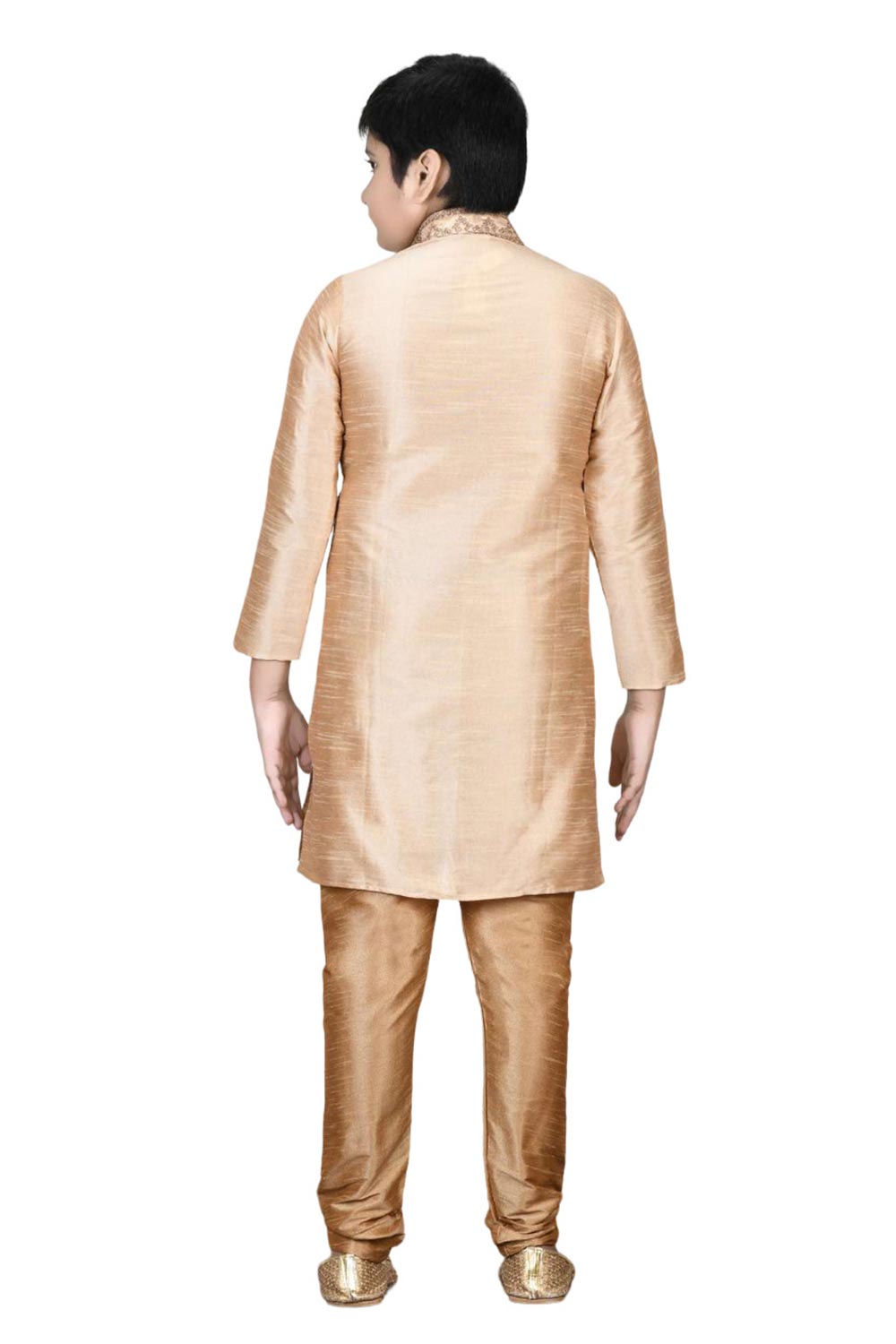 Boys Gold Silk Neck Embroidered Kurta Pajama Set