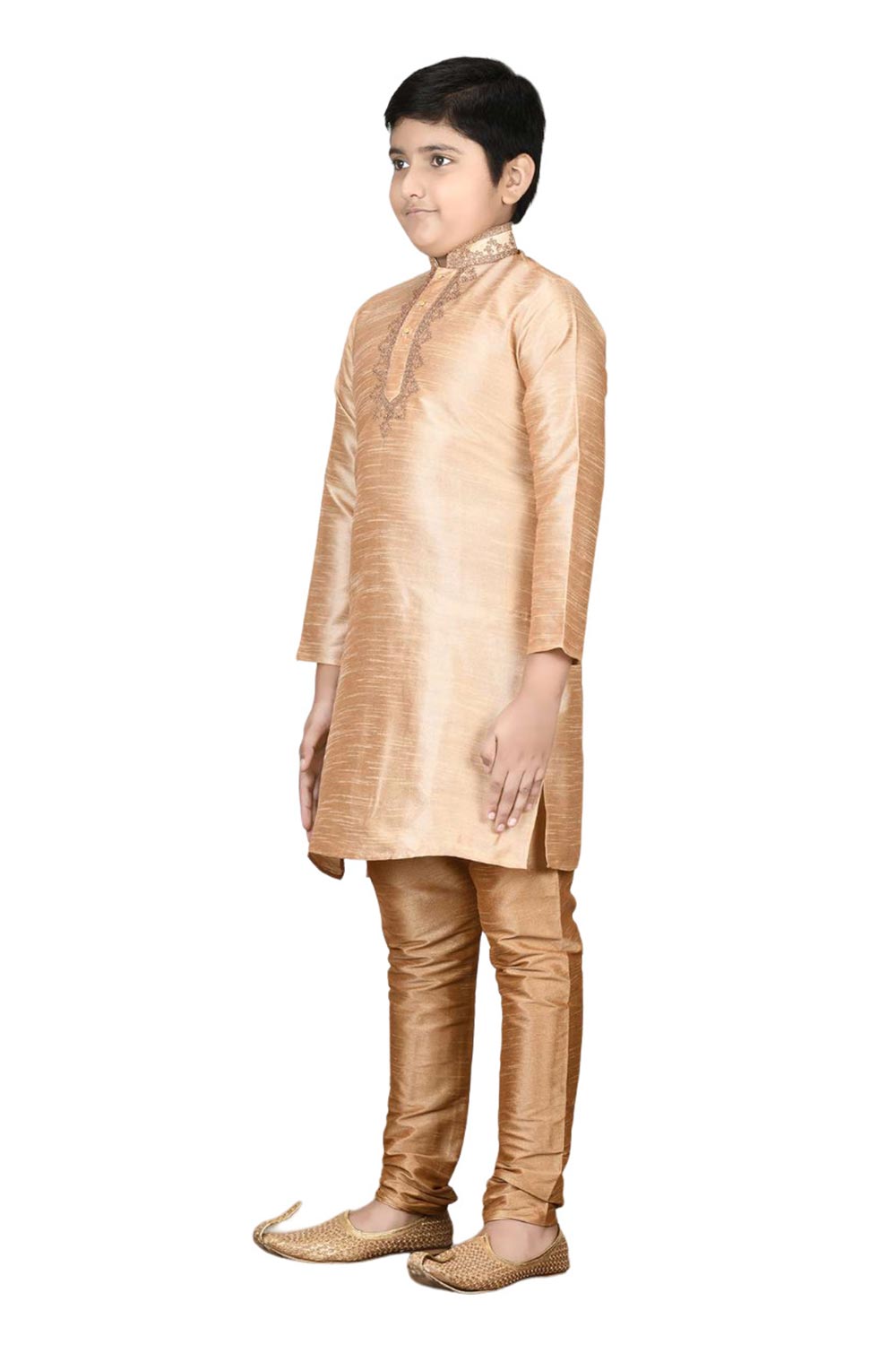 Boys Gold Silk Neck Embroidered Kurta Pajama Set