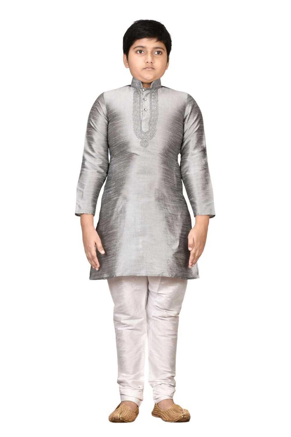 Boys Gray Black Silk Neck Embroidered Kurta Pyjama Set