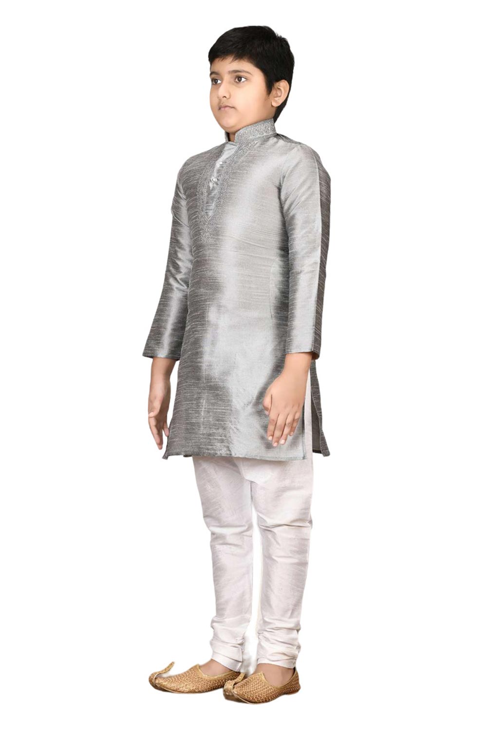 Boys Gray Black Silk Neck Embroidered Kurta Pyjama Set