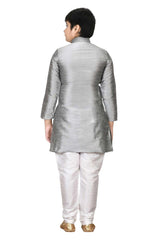 Boys Gray Black Silk Neck Embroidered Kurta Pajama Set