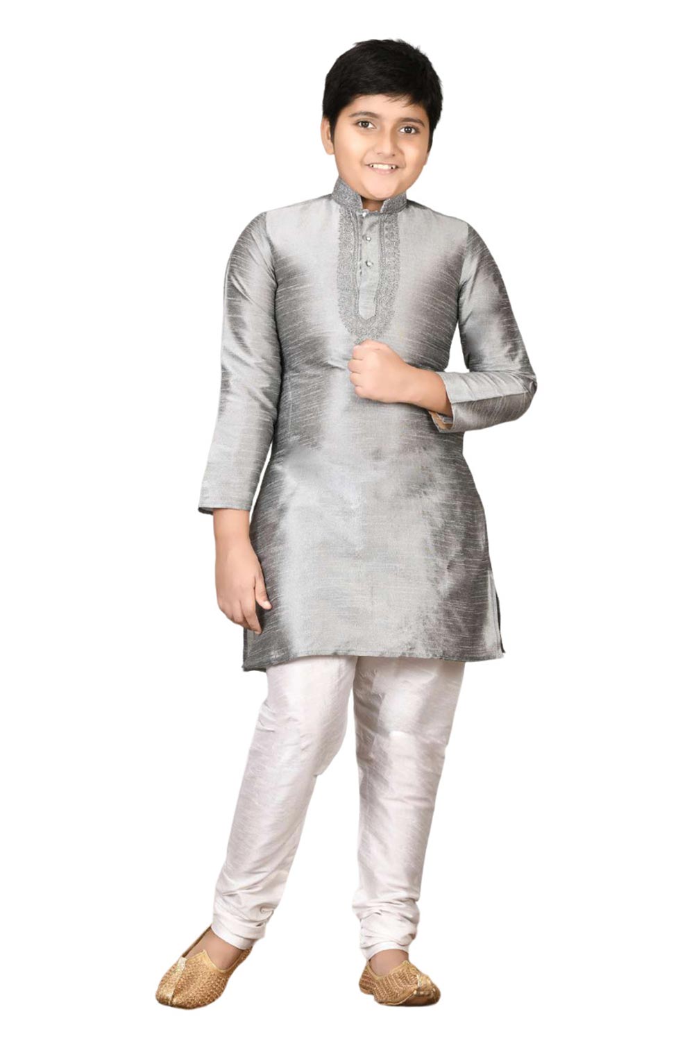 Boys Gray Black Silk Neck Embroidered Kurta Pajama Set