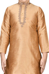 Boys Gold Silk Neck Embroidered Kurta Pyjama Set