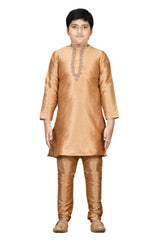 Boys Gold Silk Neck Embroidered Kurta Pyjama Set