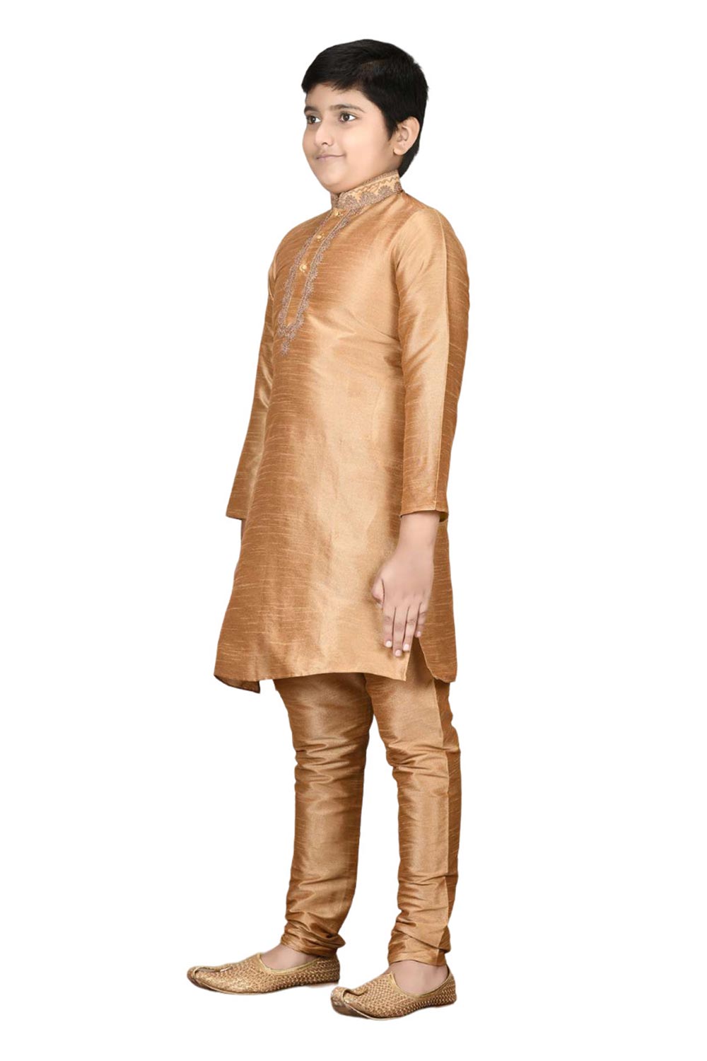 Boys Gold Silk Neck Embroidered Kurta Pajama Set