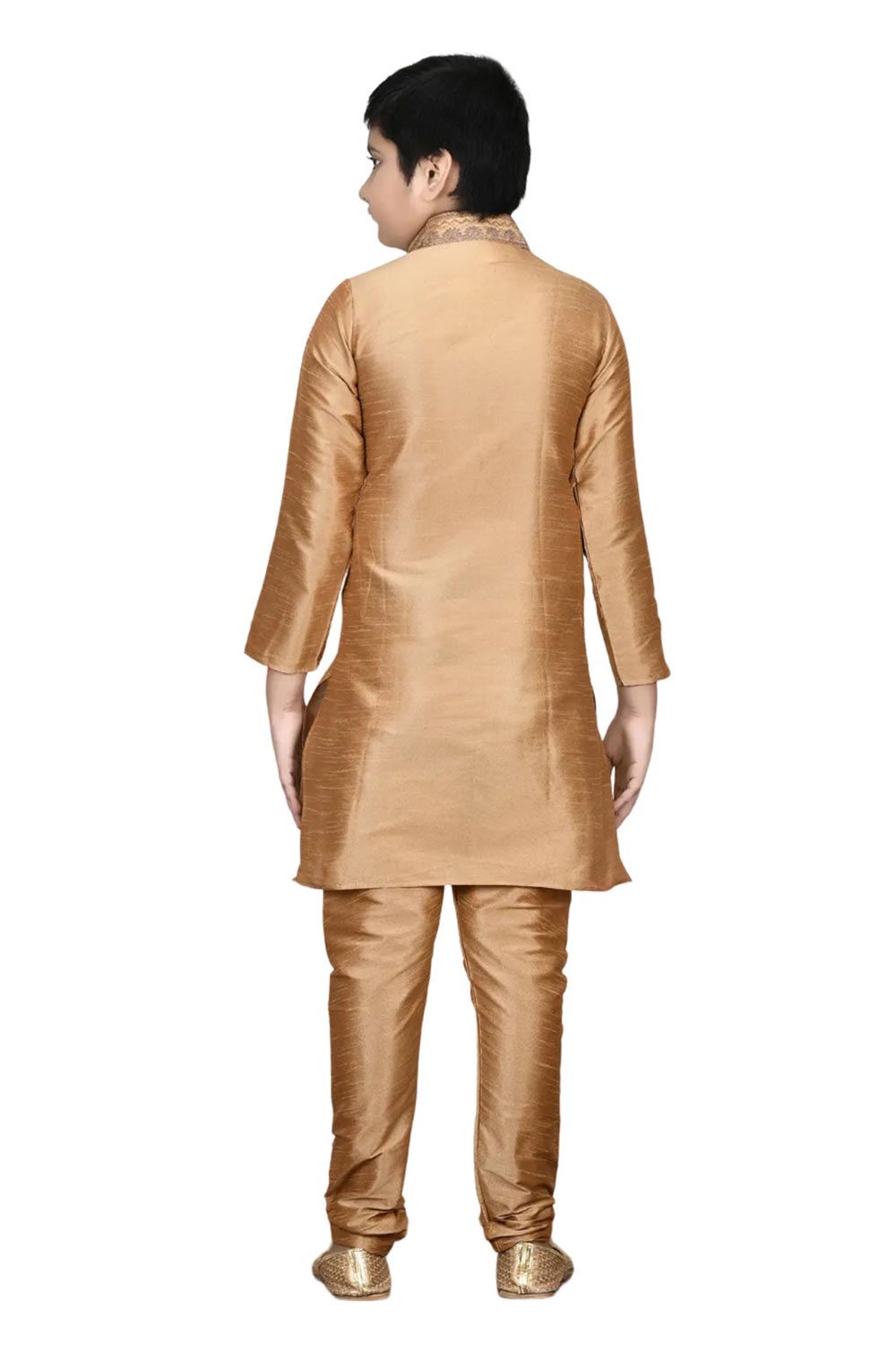 Boys Gold Silk Neck Embroidered Kurta Pajama Set