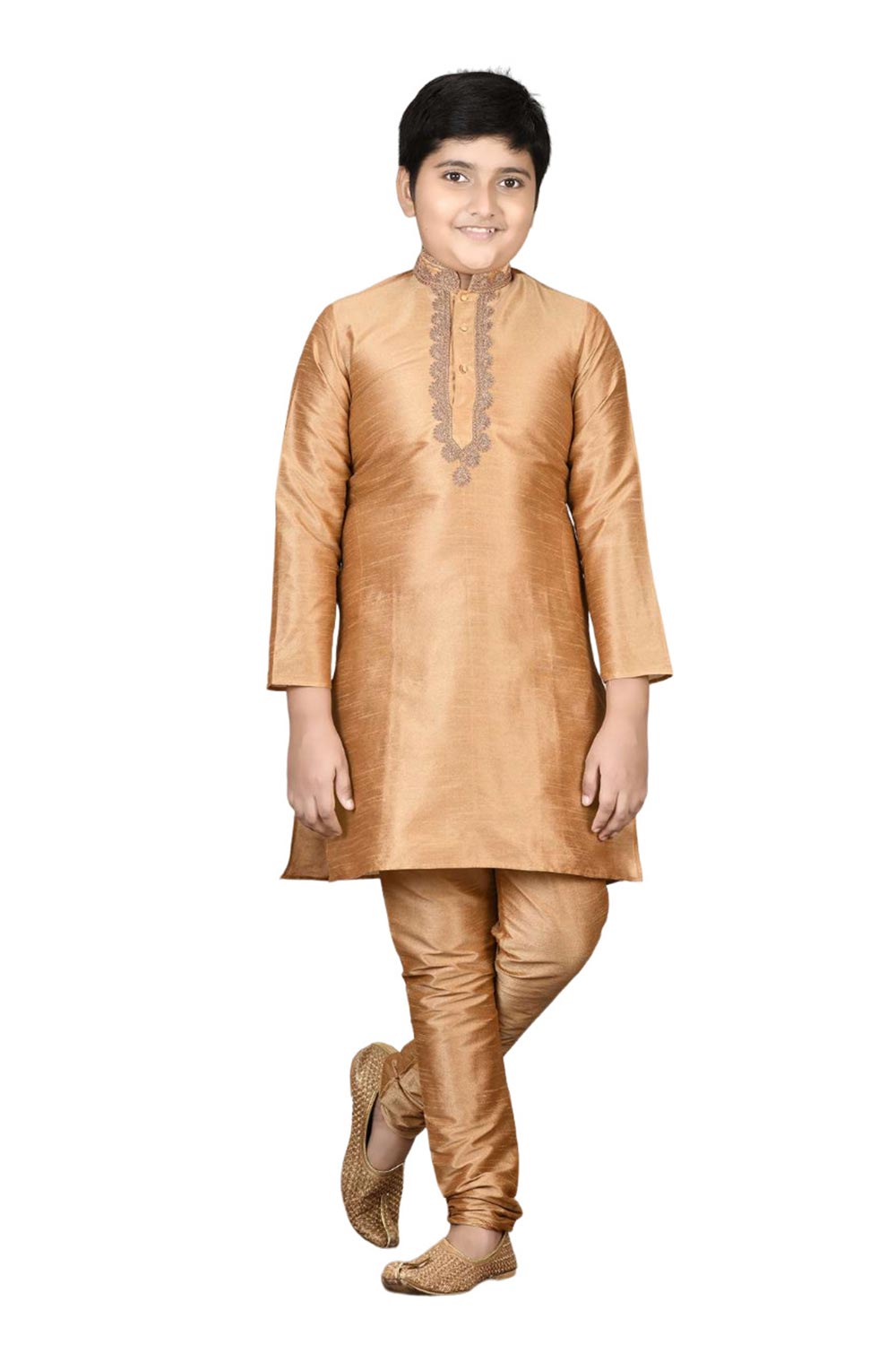 Boys Gold Silk Neck Embroidered Kurta Pajama Set