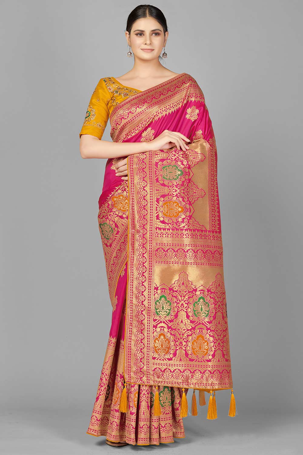 Buy Art Silk Woven Saree in Rani Pink Online