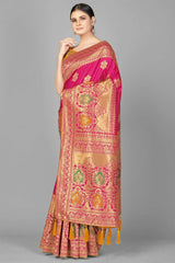 Buy Art Silk Woven Saree in Rani Pink - Back