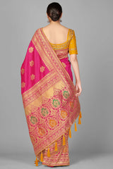 Buy Art Silk Woven Saree in Rani Pink - Front