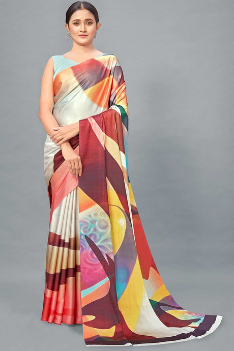 Buy Satin Printed Saree in Multicolor Online
