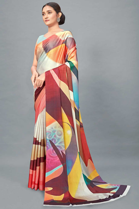 Buy Satin Printed Saree in Multicolor - Back