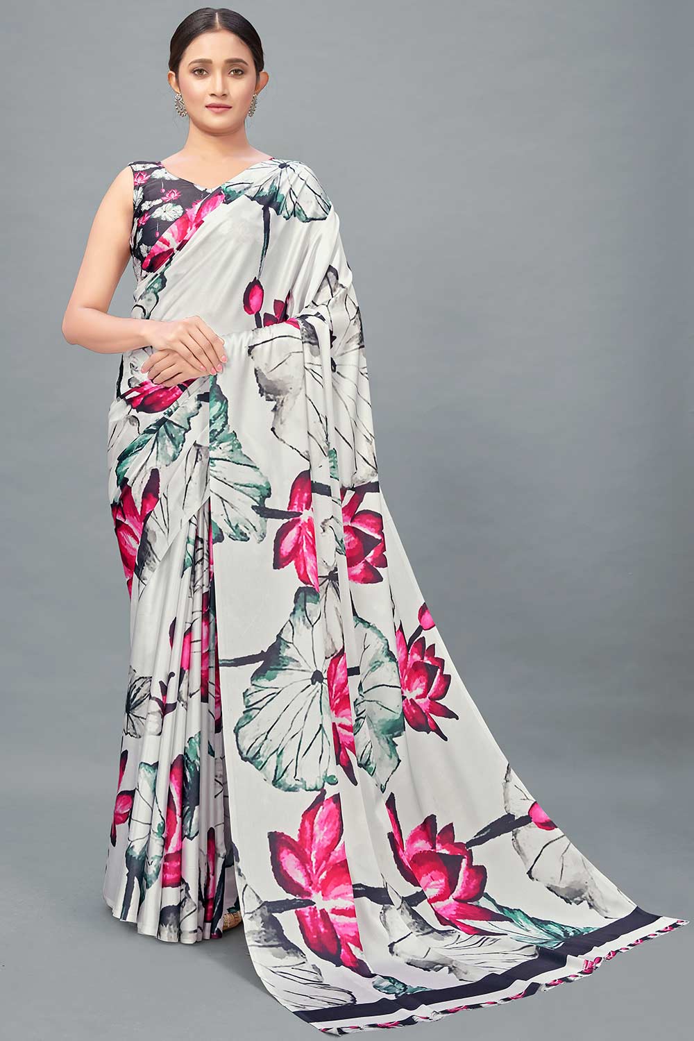 Buy Satin Printed Saree in Off White Online