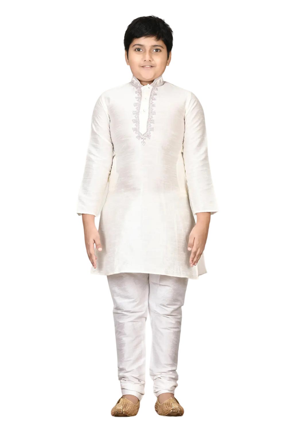 Boys Off White Silk Neck Embroidered Kurta Pyjama Set