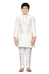 Boys Off White Silk Neck Embroidered Kurta Pyjama Set