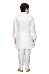 Boys Off White Silk Neck Embroidered Kurta Pajama Set