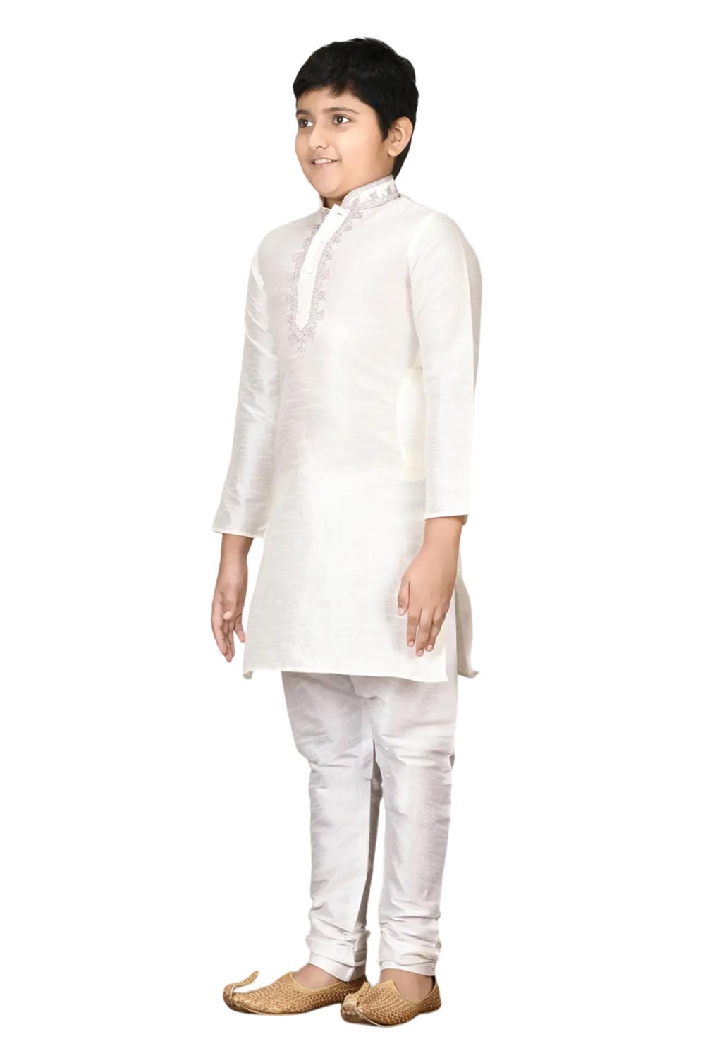 Boys Off White Silk Neck Embroidered Kurta Pajama Set