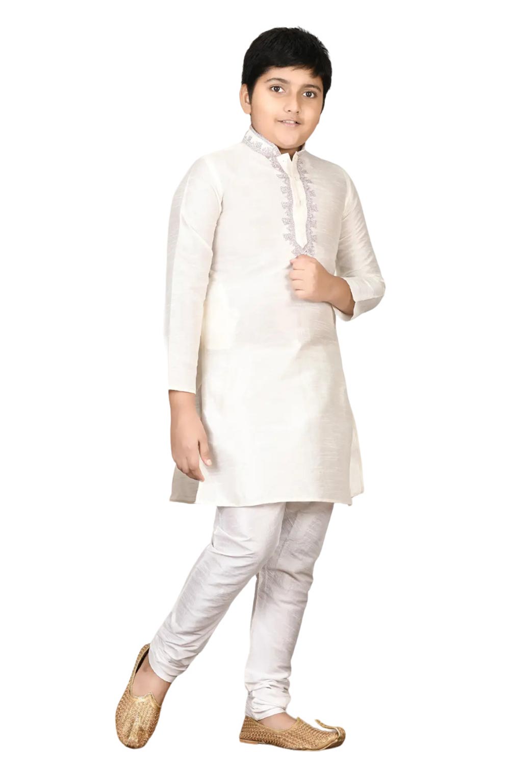 Boys Off White Silk Neck Embroidered Kurta Pajama Set