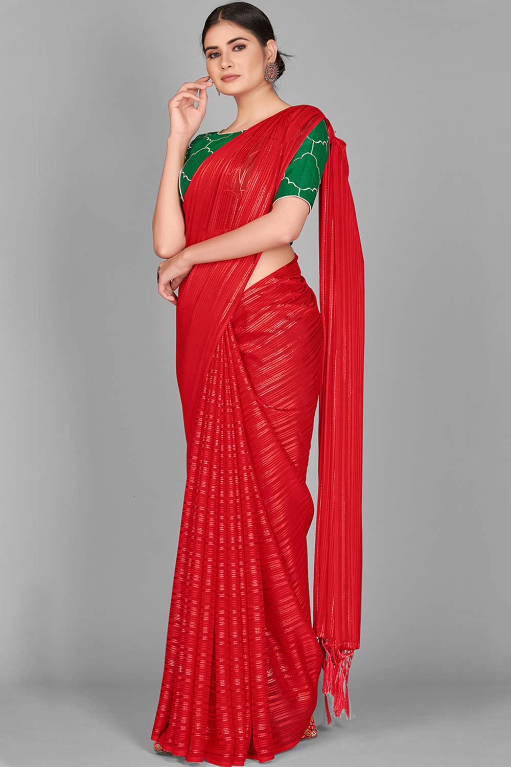 Buy Art Silk Woven Saree in Red - Back